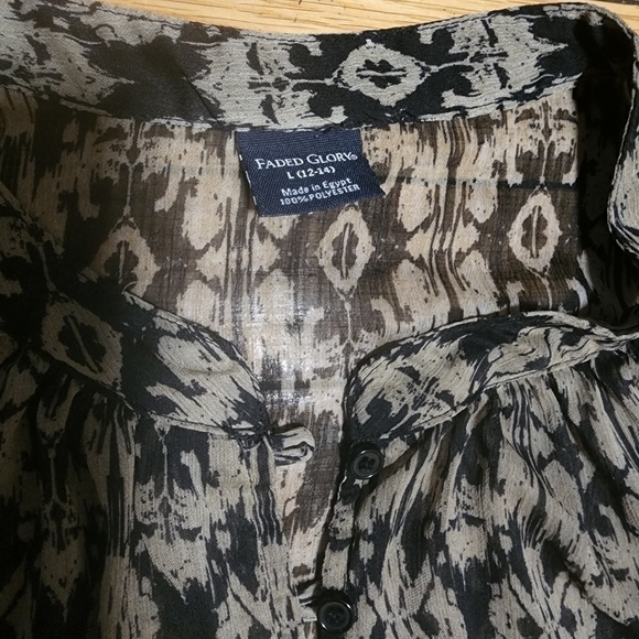 Faded Glory L (12-14) Black Combo Ikat Print Peasant Blouse Tunic Top - Picture 10 of 15